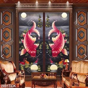 Tranh in tường cá chép đỏ vui đùa bên bóng ánh trăng