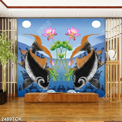 Tranh in canvas cá chép vui đùa bên bóng ánh trăng sáng