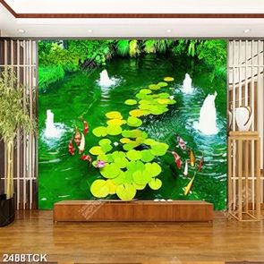 Tranh những bông hoa sen hồng bên đàn cá chép vàng