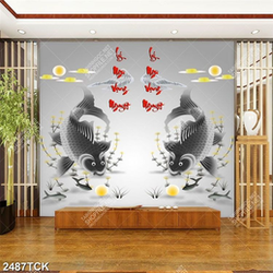 Tranhchú cá chép vui đùa bên bóng ánh trăng vàng  in 3d