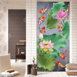 Tranh đàn cá chép bơi tung tăng bên hoa sen hồng psd