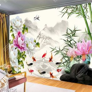 Tranh psd đàn cá chép vàng xinh đẹp bên hoa mẫu đơn