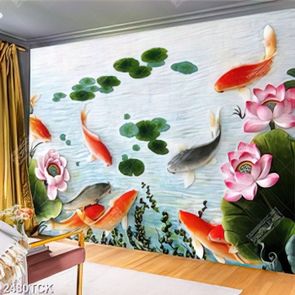 Tranh hoa sen cá chép vàng trong dòng nước trong vắt