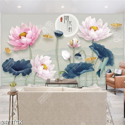 Tranh cá chép vàng bên những bông hoa sen hồng in 5d