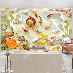 Tranh in tường đầm hoa sen khoe sắc hồng bên cá chép