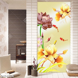 Tranh in canvas đàn cá chép bên bông hoa sen vàng