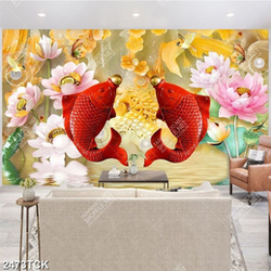 Tranh cá chép trang trí những bông hoa sen khoe sắc