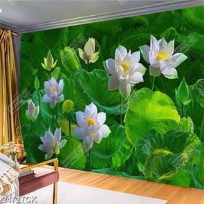 Tranh đầm hoa sen trắng chen chúc bạt ngàn lá xanh in 8d