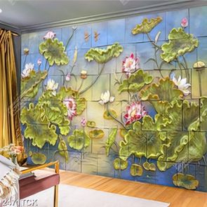 Tranh in uv đàn chuồn chuồn bay bên hồ hoa sen hồng