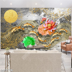 Tranh hồ hoa sen và cá chép vàng bên tấm lụa đẹp psd