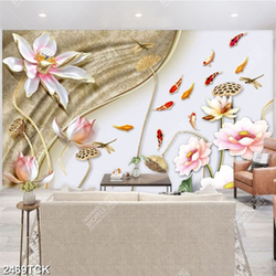 Tranh psd hoa sen hồng bên hai chú cá sim betta xinh đẹp