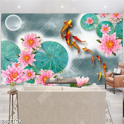 Tranh bông hoa sen tím và cá chép bên cành anh đào