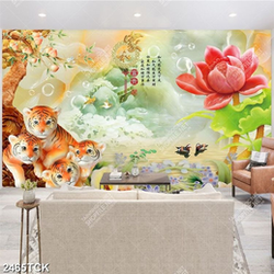 Tranh giả ngọc hai chú hổ trong hồ hoa sen khoe sắc