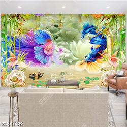Tranh đàn cá sim betta màu xanh dương trang trí tường