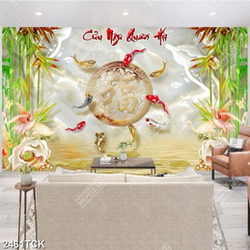 Tranh in tường cá chép giả ngọc bên những hàng tre xanh Tranh in tường cá chép giả ngọc bên những hàng tre xanh