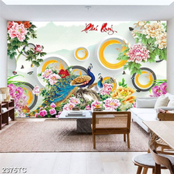 Tranh đôi công và hoa mẫu đơn nền 3D