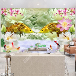 Tranh nghệ thuật hoa sen và đàn cá chép bơi tung tăng