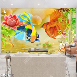 Tranh in canvas chú cá chép màu đỏ bên hoa sen giả ngọc