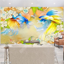 Tranh đôi cá chép bơi tung tăng trong hồ sen in 3d