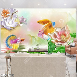 Tranh in uv đàn cá chép bơi tung tăng trong hồ sen trắng