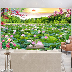 Tranh bạt ngàn hoa sen trong đầm dưới ánh mặt trời đỏ