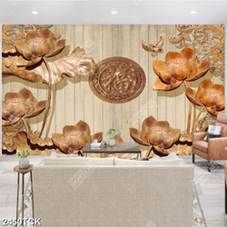 Tranh những bông sen bên đàn chim điêu khắc gỗ