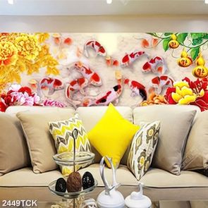Tranh hoa sen cá chép vàng bên trái bầu trang trí tường