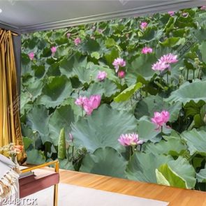 Tranh bạt ngàn hoa sen hồng chen chúc lá xanh in 5d