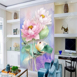 Tranh in tường những bông sen hồng bên chú chim non