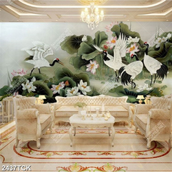 Tranh bông hoa sen trắng và đàn cá koi trong hồ nước