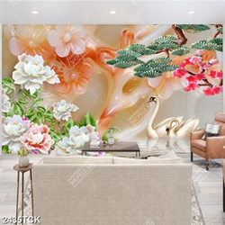 Tranh giả ngọc hồ cá chép vàng bên hoa sen in tường