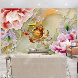 Tranh cá chép bên những bông hoa sen hồng giả ngọc