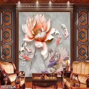Tranh giả ngọc hoa sen hồng và cá chép bơi tung tăng
