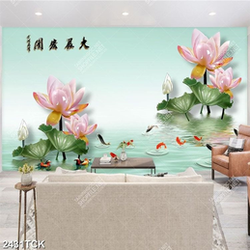 Tranh in tường đầm hoa sen giả ngọc và chú bướm nhỏ