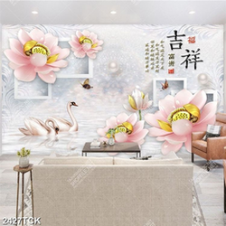 Tranh giả ngọc đầm hoa sen hồng và đàn cá chép in 3d