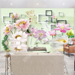 Tranh in uv thủy mạc đầm hoa sen và đàn cá chép vàng