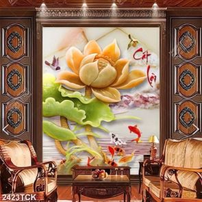 Tranh psd đàn cá chép bên bông hoa sen giả ngọc in tường