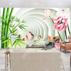 Tranh in tường đầm hoa sen giả ngọc và cá chép vàng