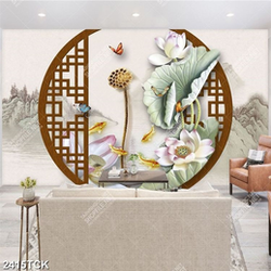 Tranh nghệ thuật hoa sen hồng và đàn cá chép giả ngọc