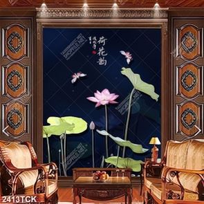 Tranh sơn dầu trang trí những bông hoa sen hồng psd