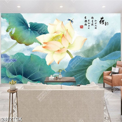 Tranh thủy mạc đầm hoa sen hồng và đàn cá chép in 3d