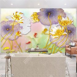 Tranh in uv đầm hoa sen ánh tím và đàn cá chép vàng