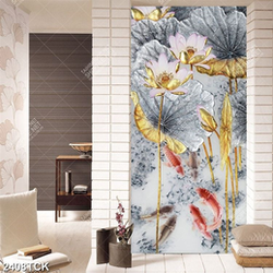 Tranh decor hoa sen và đàn cá chép vàng giả ngọc