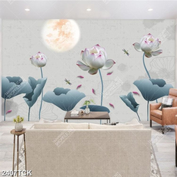 Tranh hoa sen cá chép dưới ánh trăng đêm trang trí tường