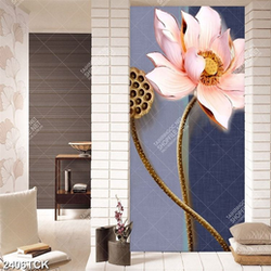 Tranh bông hoa sen hồng giả ngọc trên nền xanh xám in 5d