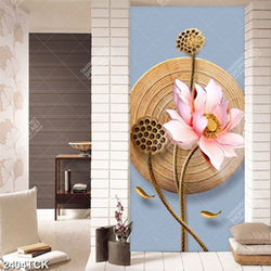 Tranh in tường bông hoa sen giả ngọc bên đàn cá chép