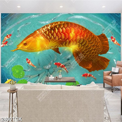 Tranh chú cá chép vàng xinh đẹp trong hồ nước in 3d