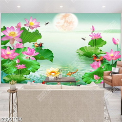 Tranh in uv những bông hoa sen hồng khoe sắc trong hồ