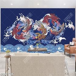 Tranh decor đàn cá chép vượt vũ môn cùng sóng biển