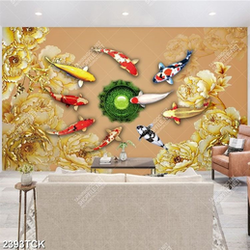 Tranh psd đàn cá chép vượt vũ môn bên hoa mẫu đơn